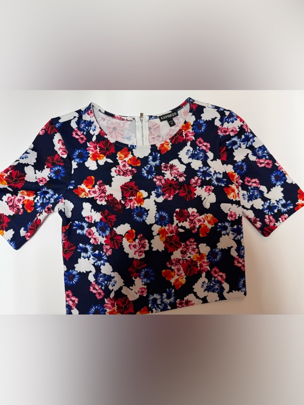 Express Navy Floral Scoop Neck CropTop with Multicolor Blooms